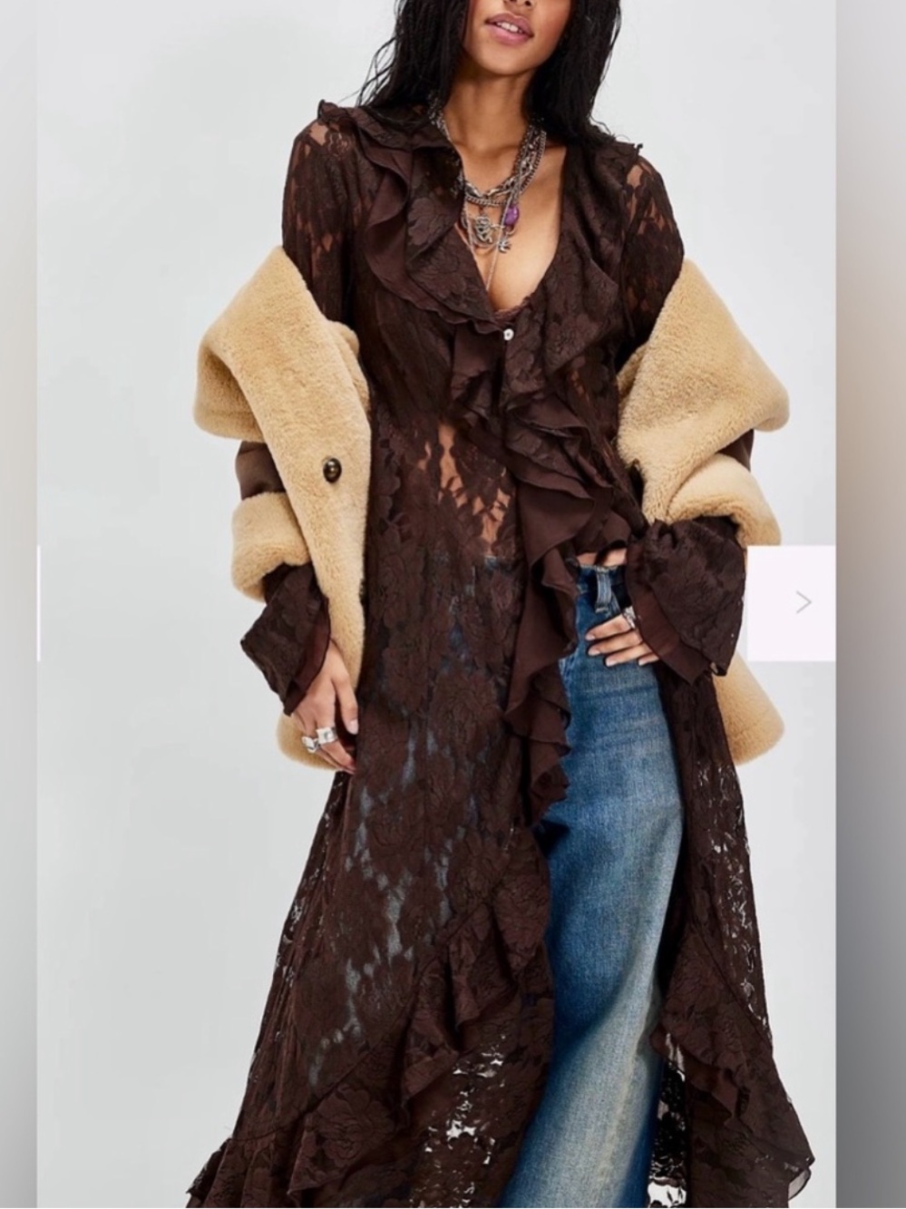 Free People Heirloom Maxi Duster Top Deep Fudge Sheer Lace NWT XS $198